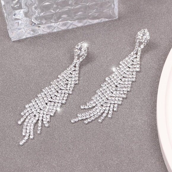 Bling Rhinestone Dangle Prom Women Long Tassel Crystal Chandelier Earrings - Picture 2 of 8